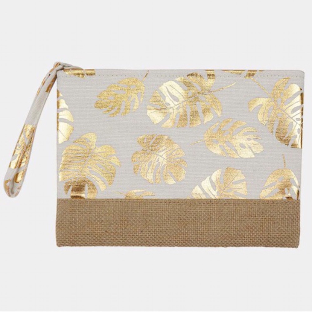 Tropical Leaf Print Zippered Wristlet - White